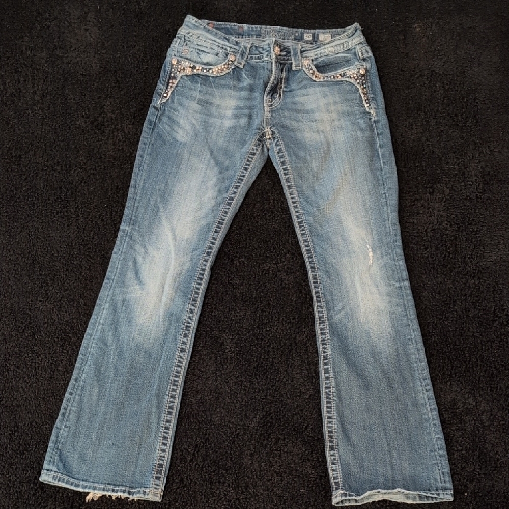 Miss Me Blue Denim with Silver Buttons - Size W30 L32 Bootcut